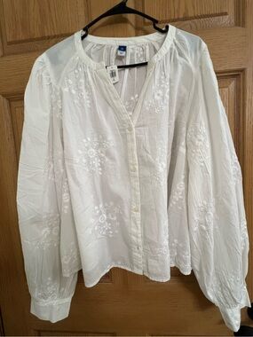 NWT Old Navy White Embroidered Peplum Button Down Blouse Boho Top Size XL